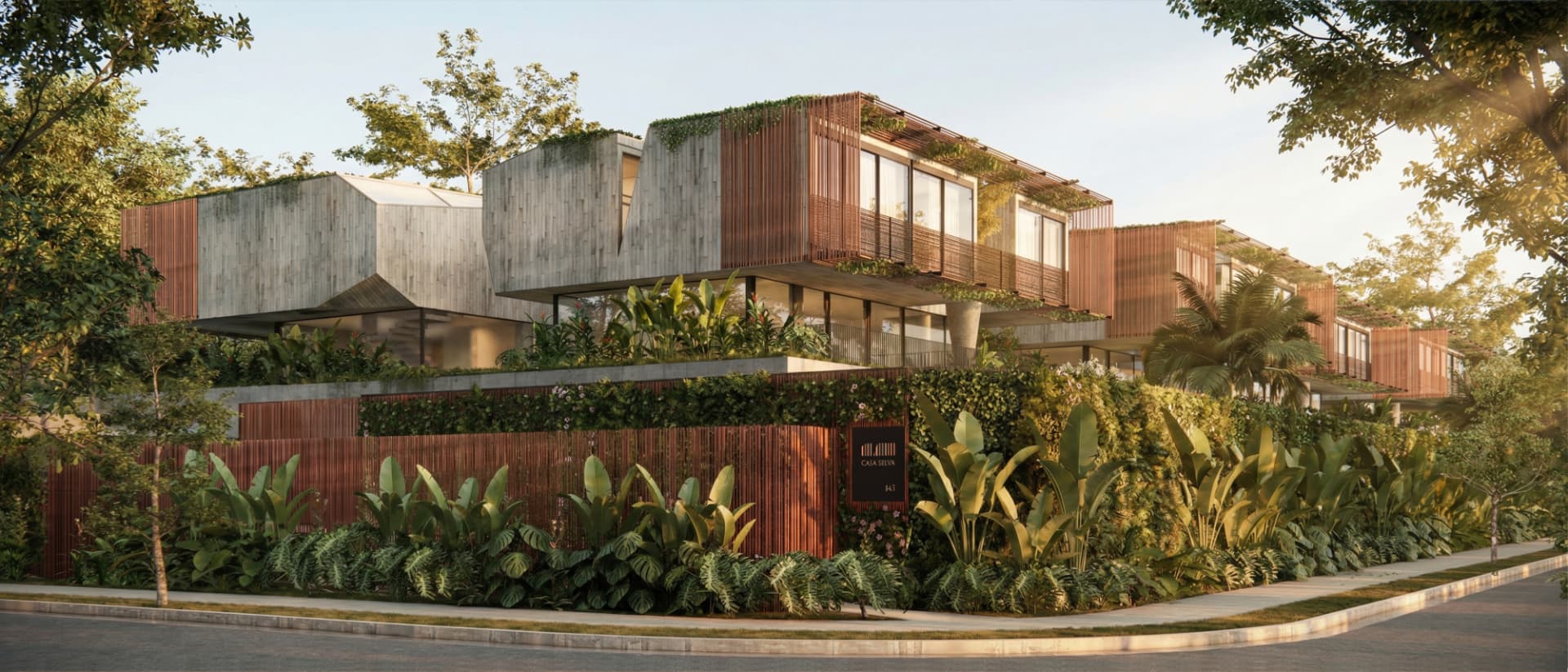 Fachada em concreto e madeira do Casa Selva