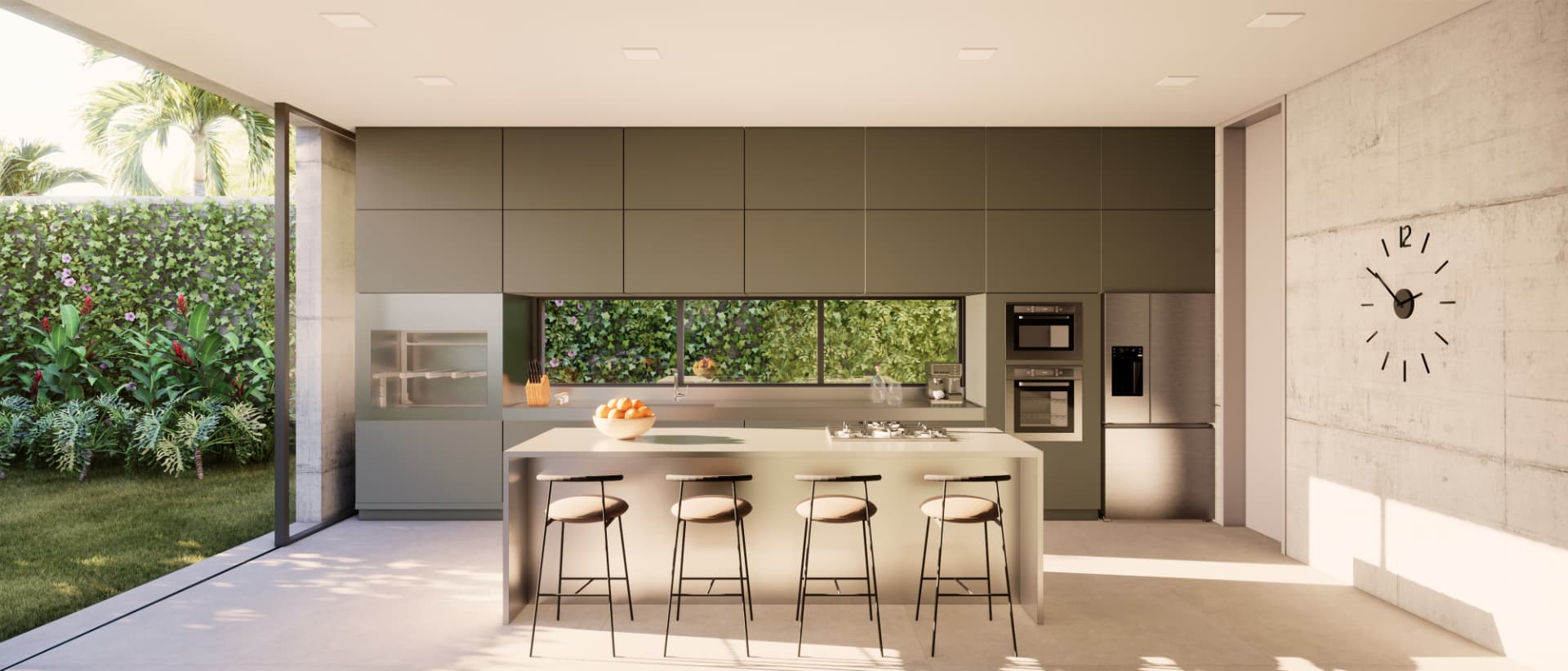 Cozinha integrada com vista para o jardim vertical